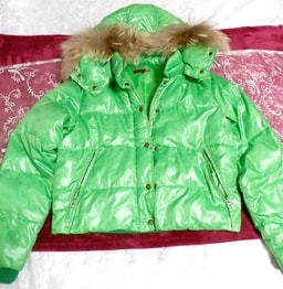 فرو الراكون الأخضر الفلوري مقنع أسفل معطف ملابس خارجية, معطف, معطف أسفل, حجم م