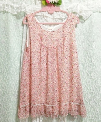 Pink floral pattern chiffon flare sleeveless negligee nightgown half dress, knee length skirt, l size