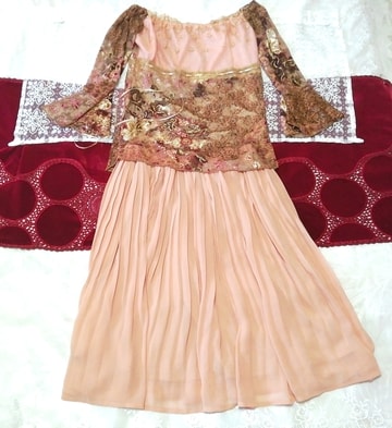 Brown pink flower lace tunic negligee nightgown pink pleated chiffon skirt 2P, fashion, ladies' fashion, nightwear, pajamas
