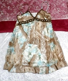 Robe camisole en mousseline de soie, bleu clair, marron, motif floral, chemise de nuit, déshabillé à volants, mode, mode féminine, camisole