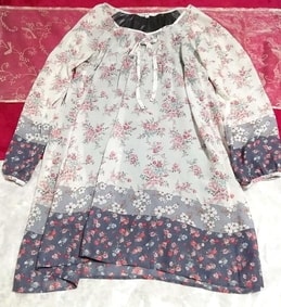 White blue gray floral print long sleeve chiffon negligee nightgown tunic dress, tunic, long sleeve, m size