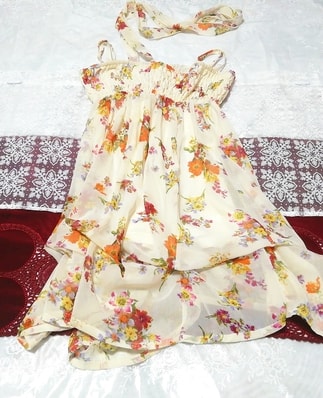 Yellow chiffon negligee nightgown camisole ruffle tunic dress, knee length skirt, m size