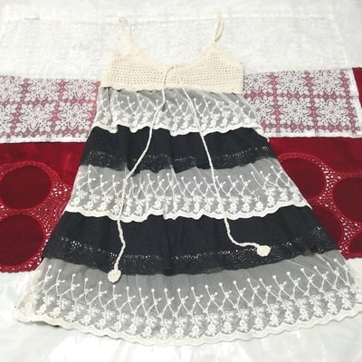白黒ニットレース ネグリジェ ナイトウェア ミニスカートキャミソールワンピース Black white knit lace negligee skirt camisole dress, ファッション, レディースファッション, キャミソール