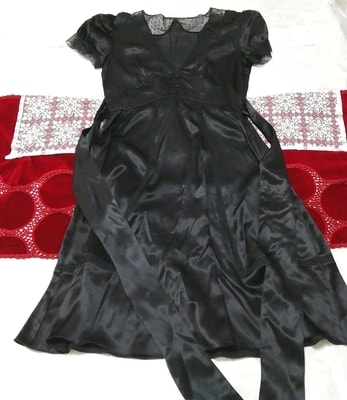 Black satin silk negligee nightgown nightwear short sleeve dress, fashion, ladies' fashion, nightwear, pajamas