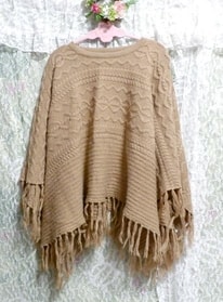 亜麻色セーター風フリンジポンチョケープ Flax color sweater style fringe poncho cape, レディースファッション, ジャケット、上着, ポンチョ