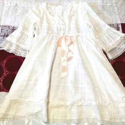فستان نوم بأكمام طويلة من القطن الأبيض مع شريط من الساتان الوردي, سترة, كم طويل, حجم م