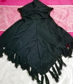 Black black knit sweater fringe poncho cape, ladies' fashion, jacket, outerwear, poncho