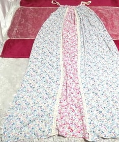 ピンク青花柄ネグリジェキャミソールマキシロングスカートワンピース Pink blue flower pattern negligee camisole maxi long skirt dress, ワンピース, ロングスカート, Mサイズ