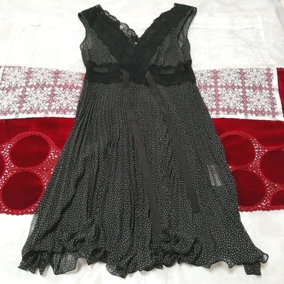 Ärmelloses Negligé-Nachthemd aus schwarzem Spitzen-Chiffon mit Tupfenmuster, Mode, Frauenmode, Nachtwäsche, Pyjama