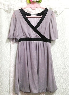 Gray chiffon black satin short sleeve tunic negligee nightgown dress, tunic, short sleeve, l size