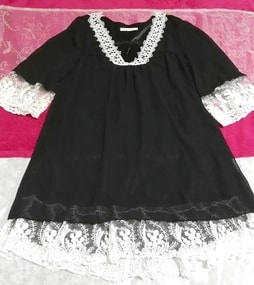 Black black chiffon white lace long sleeve negligee nightgown tunic, tunic, long sleeve, m size