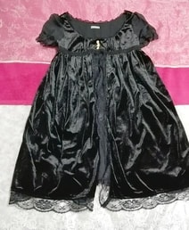 黑色丝绒蕾丝短袖睡衣睡袍束腰连衣裙, 迷你裙