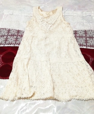 フローラルホワイトニットレースノースリーブ ネグリジェ ハーフワンピース Floral white knit lace sleeveless negligee half dress, ワンピース, ひざ丈スカート, Mサイズ