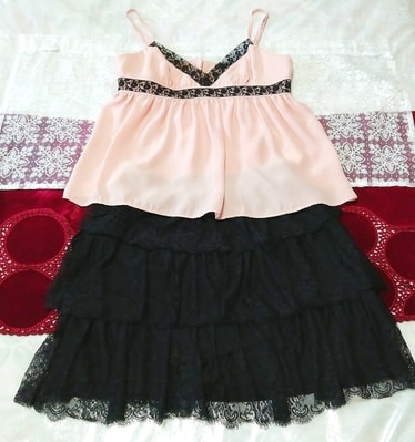Pink black lace camisole negligee nightgown black lace flare frill skirt 2P, fashion, ladies' fashion, nightwear, pajamas