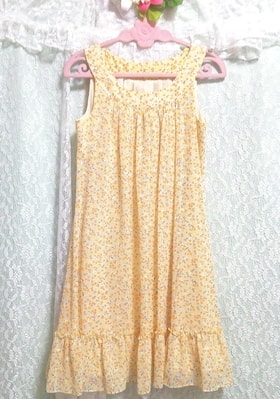 Yellow sleeveless negligee nightgown frill mini skirt dress, knee length skirt, m size
