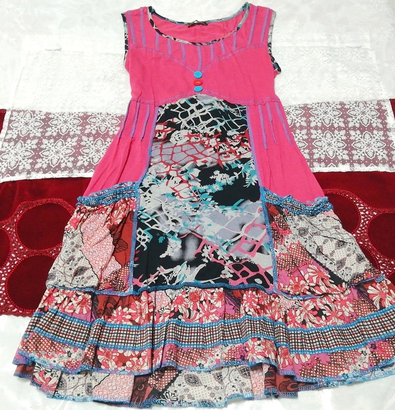 Vestido camisón camisón bata sin mangas con estampado artístico rosa, negro y azul, falda hasta la rodilla, talla m