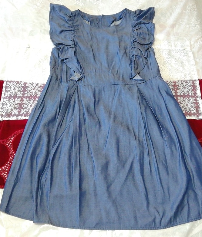 Blue denim style sleeveless ruffle tunic negligee nightgown nightwear dress, tunic, sleeveless, sleeveless, m size