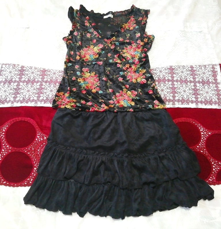 Camisón negligee túnica sin mangas con estampado floral de terciopelo negro minifalda con volantes negros 2P, moda, moda para damas, ropa de dormir, pijama