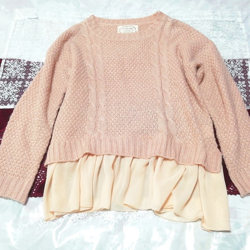 ピンクセーター裾シフォンフリルレースニットチュニックネグリジェ Pink sweater chiffon lace knit tunic negligee, チュニック, 長袖, Mサイズ