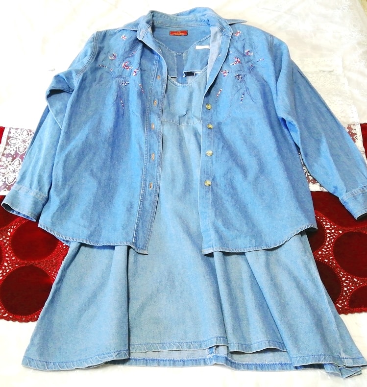 デニム水色刺繍コットン ネグリジェ カーディガン ワンピース 2P Denim light blue embroidery cotton negligee cardigan sleeveless dress, ファッション, レディースファッション, ナイトウエア、パジャマ