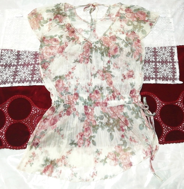 亜麻色花柄シースルーチュニックネグリジェ Flax color flower pattern see-through tunic negligee dress, チュニック, 袖なし、ノースリーブ, Mサイズ