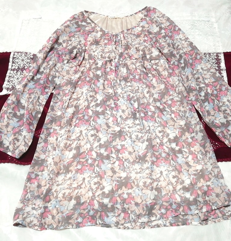 Grau-rot-weißes Blumenmuster-Chiffon-Tunika-Negligé-Nachthemdkleid, Tunika, lange Ärmel, Größe m