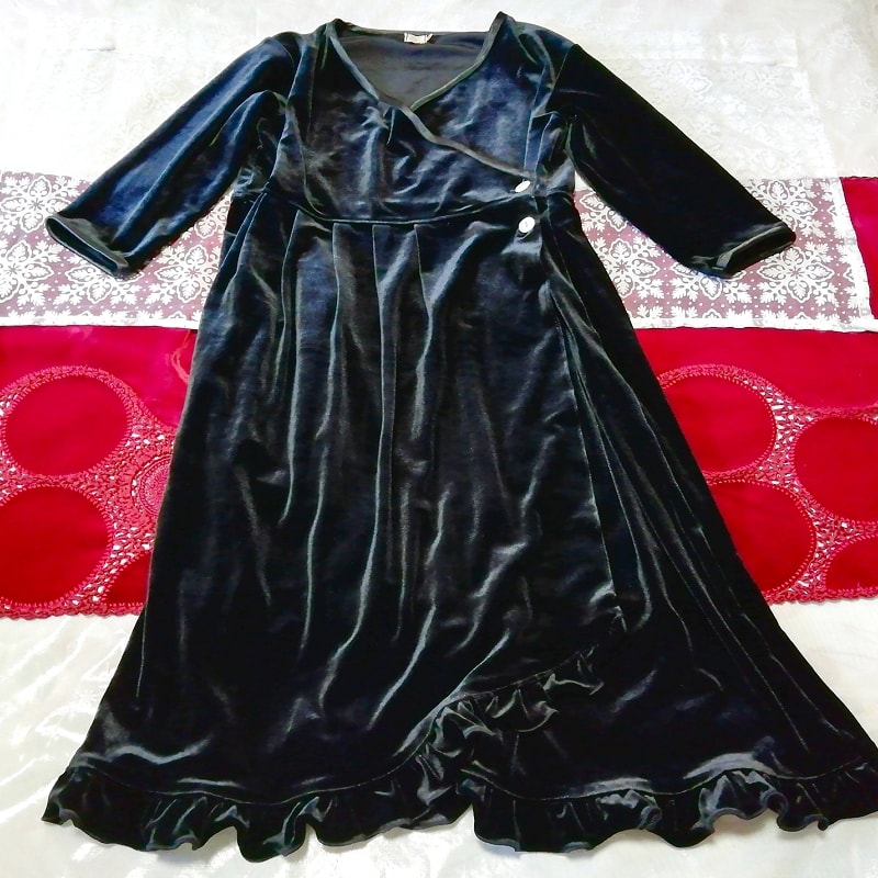 Black velor haori long sleeve long tunic negligee nightgown nightwear dress, tunic, long sleeve, m size