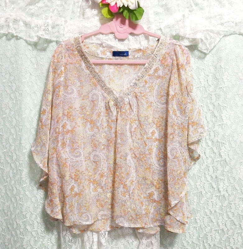 亜麻色エスニック柄シースルーポンチョシフォンチュニック Flax color ethnic pattern V neck poncho chiffon tunic, チュニック, 長袖, Mサイズ