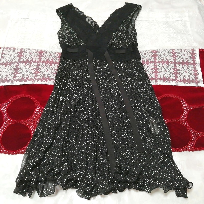 Robe de nuit en mousseline de soie à pois en dentelle noire, robe de nuit sans manches, mode, mode féminine, vêtement de nuit, pyjamas