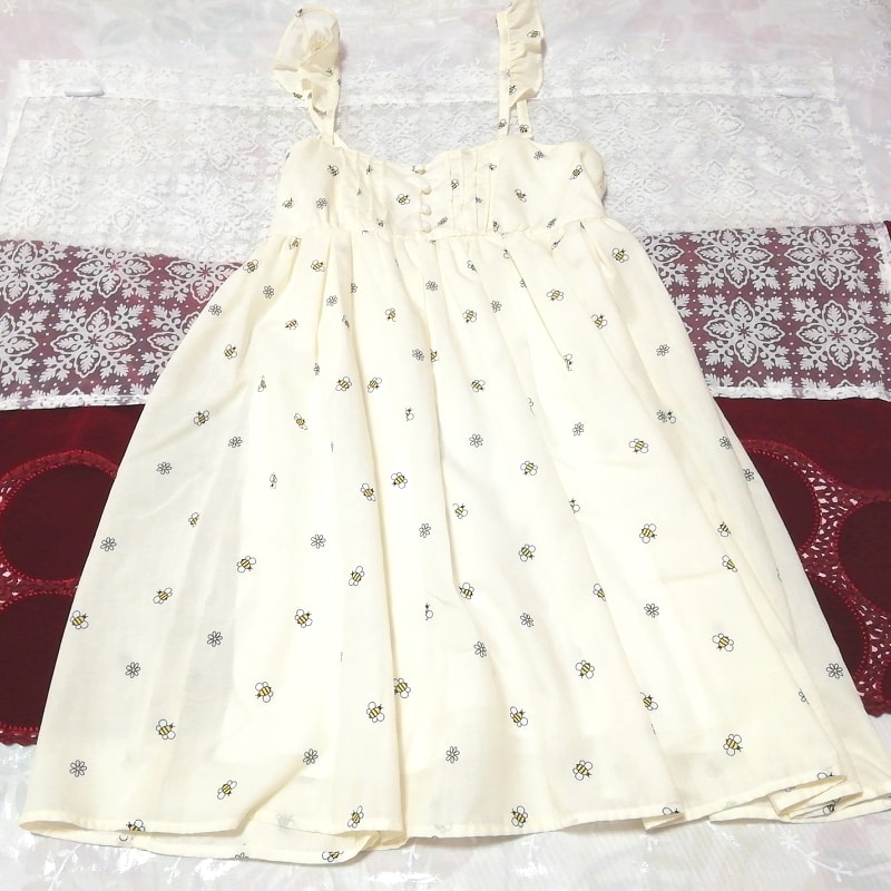 白ハチ柄プリントシフォン ネグリジェ キャミソールベビードールワンピース White bee print chiffon negligee camisole babydoll dress, ファッション, レディースファッション, キャミソール