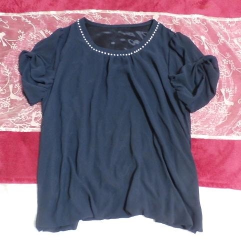 紺ネイビー宝飾付きフリルシフォン半袖チュニック/トップス Navy frill chiffon short sleeve tunic/tops, チュニック, 半袖, XLサイズ以上