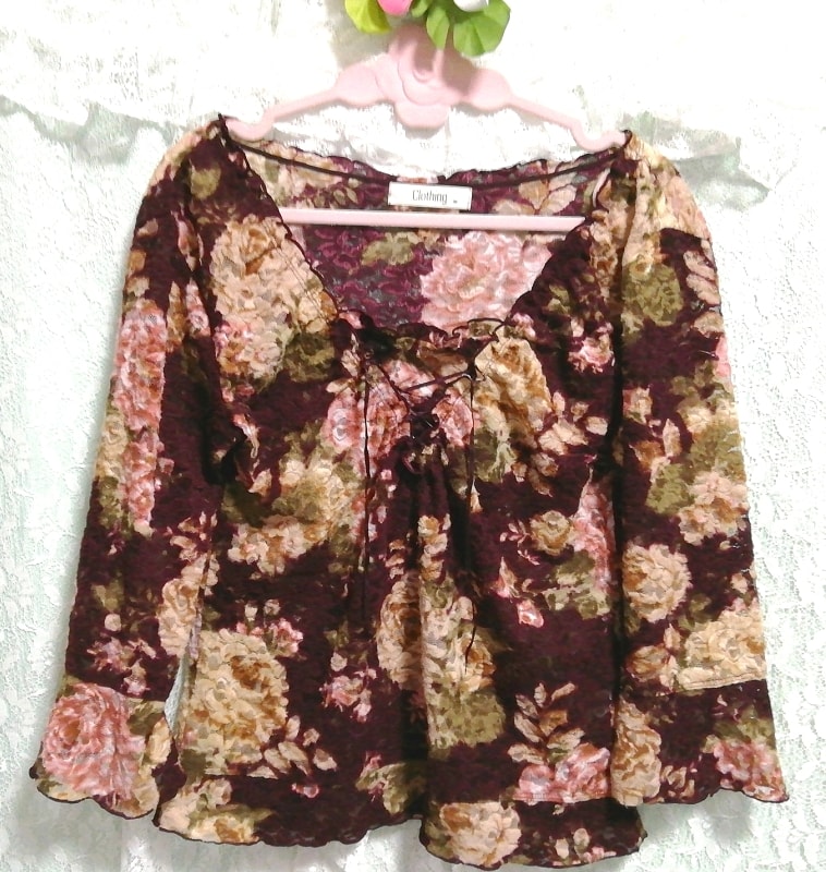 茶紫亜麻色花柄レース長袖チュニック Brown purple flax floral lace long sleeve tunic, チュニック, 長袖, Mサイズ