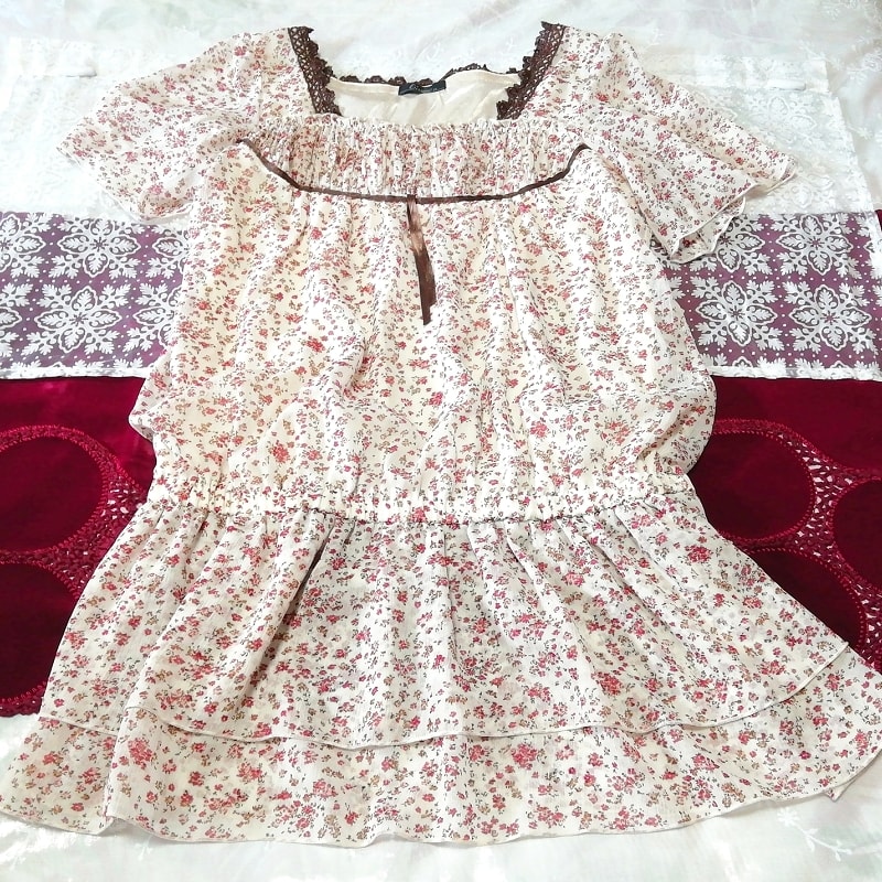 Weißes, kurzärmliges Tunika-Negligé-Nachthemdkleid aus Chiffon mit braunem Spitzenband und Blumenmuster, Tunika, Kurzarm, Größe l